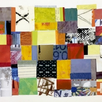 It’s an abstract grid with papers that look like a weaving.