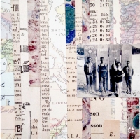 a collage with thin paper strips cut from a map, magazine and a small B&W photo